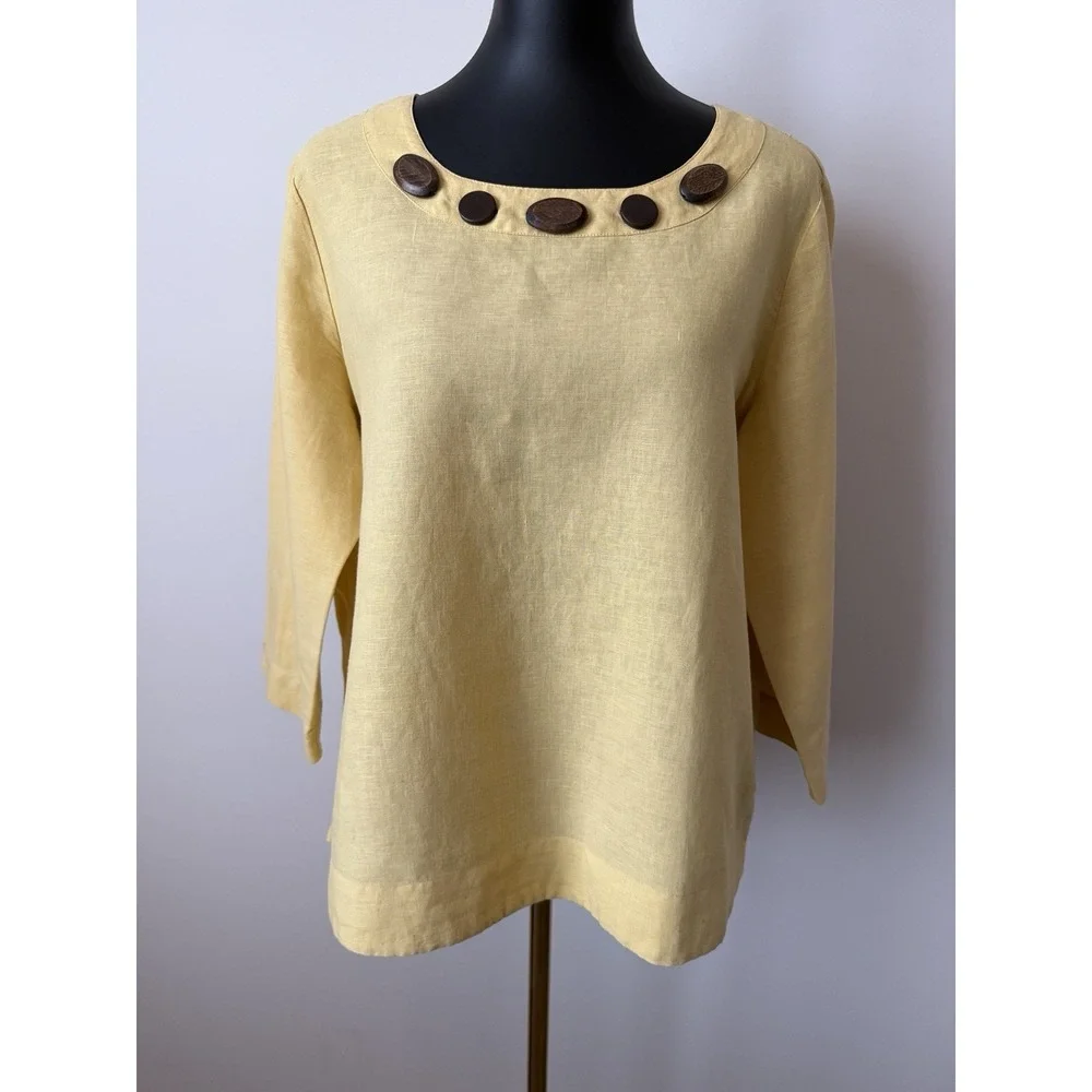 Hot Cotton Women's L Yellow Linen Blouse With Wooden Accents At Neckline NWOT - Picture 1 of 7